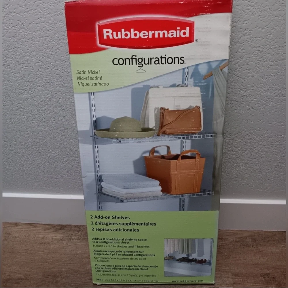 Rubbermaid Satin Nickel 2 add on shelves with 4 brackets.
